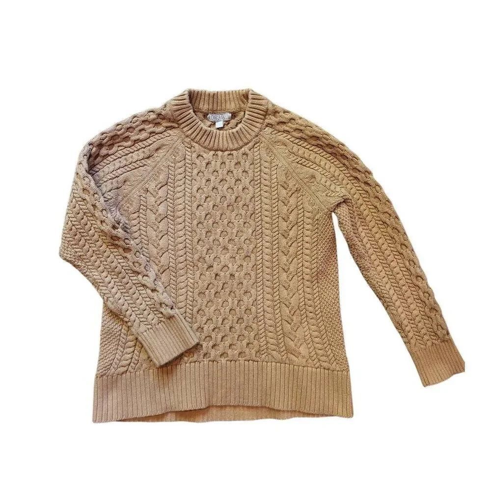 J. Crew Sweater Women's Medium Tan Cable Knit Crew Cotton Fisherman Money